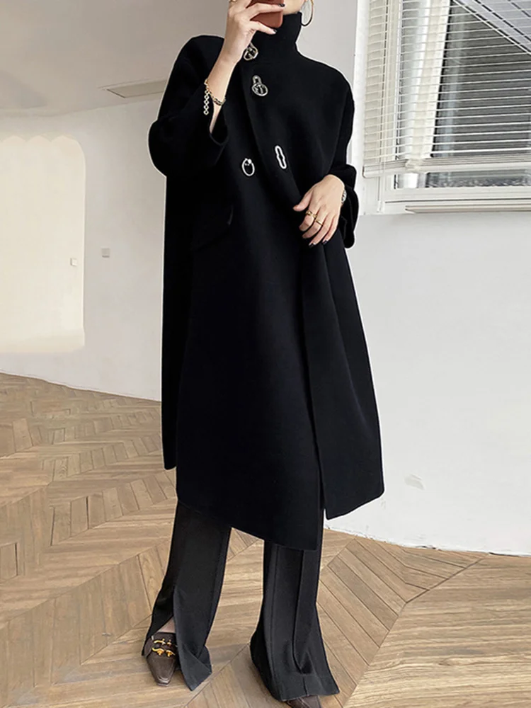 [EAM] Loose Fit Black button Thick Woolen Coat Parkas New Suit Collar Long Sleeve Women Fashion Tide Autumn Winter 2024 1DD3048