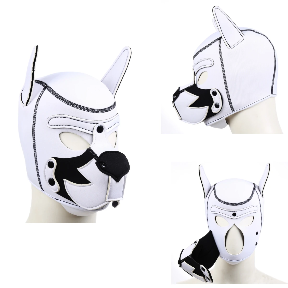 White Hot Open Mouth Animal Cosplay Costume Set with Adjustable Hood Padded Rubber Mask &Pupply Play Party  Accessories Headwear