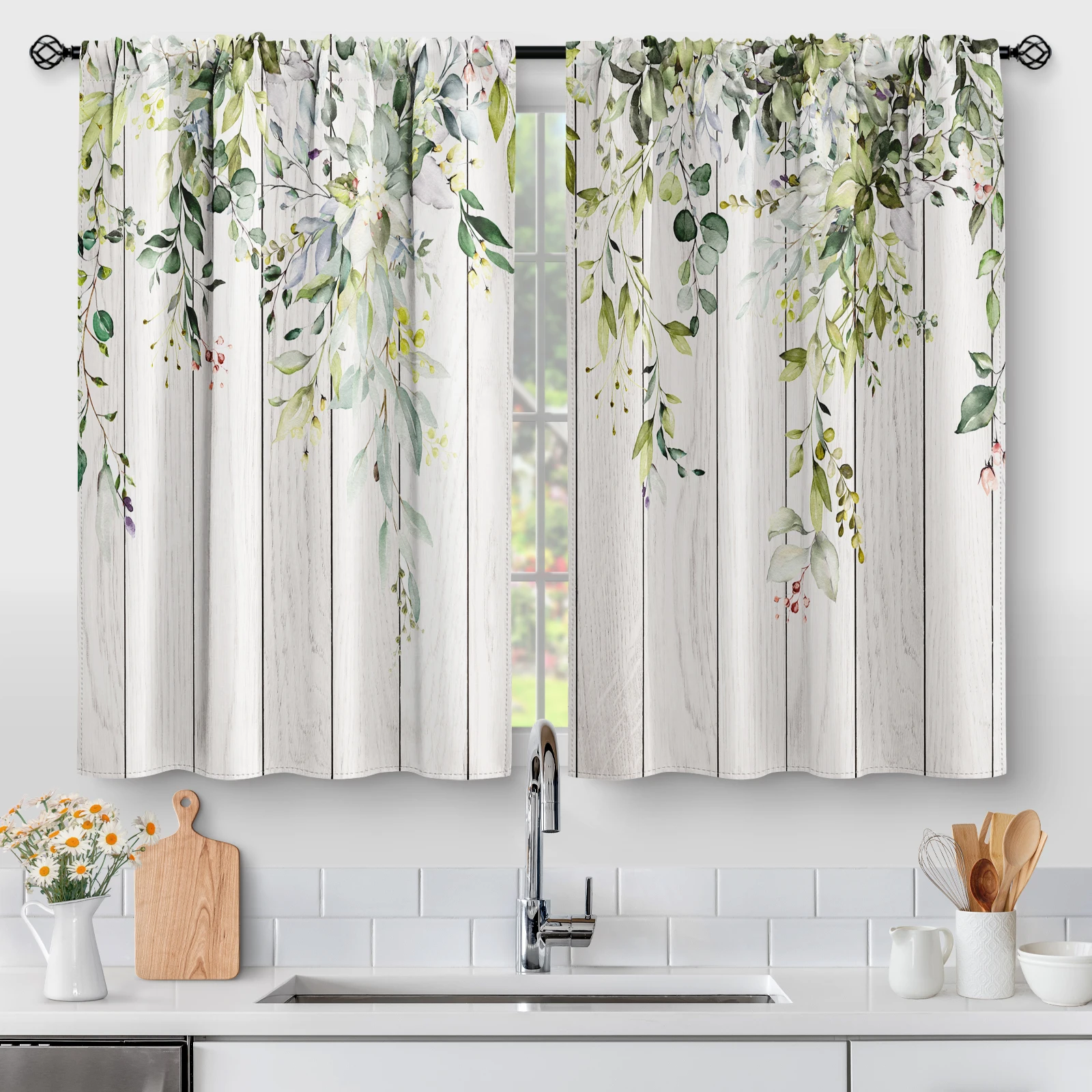 

2 Panels Floral Eucalyptus Leaves Kitchen Curtains, Rustic Country Botanical Plant Flowers Spring Short Cafe Tier Curtains Decor