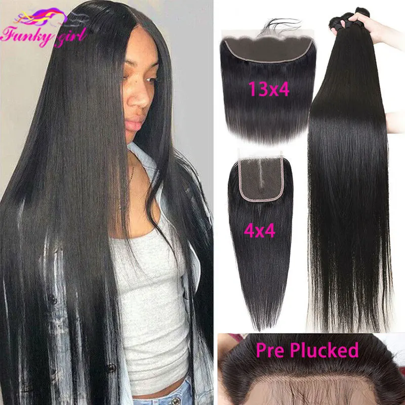 3 4 Bundles With Frontal Closure Brazilian Straight Hair 13×4 Ear to Ear Lace Frontal With Bundles Virgin Human Hair Extensions