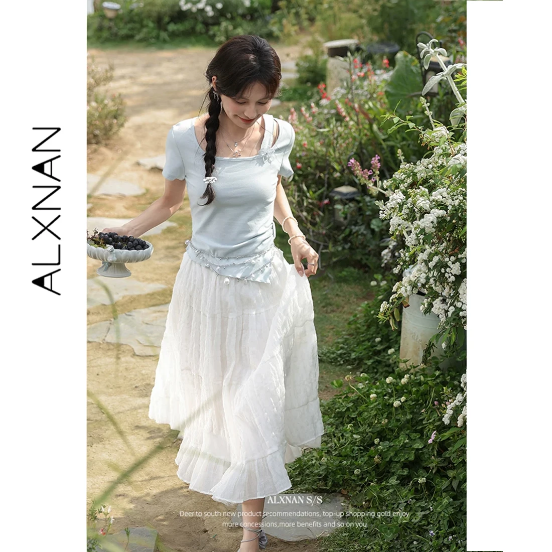 

ALXNAN Women's T-shirt Gray Blue Elegant 3d Flower Design Short Sleeve T-shirt Slim-fit Cotton Korean Popular Clothes VL55122