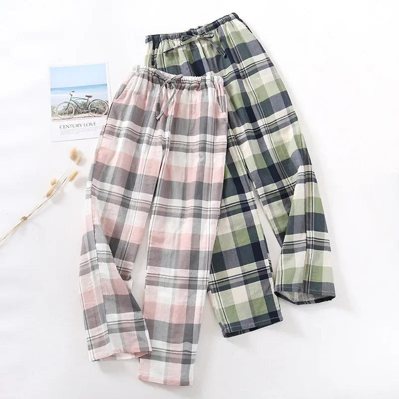 Couple\'s Plaid Pyjama Bottoms Men and Women Cotton Gauze Trousers Summer Elastic Waist Thin Loose Home Sleep Pants