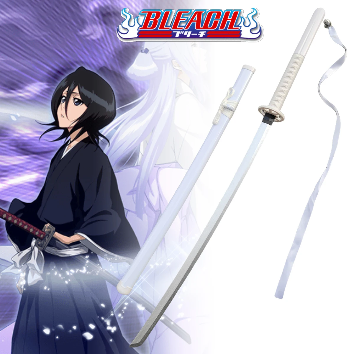 104cm Bleach Kuchiki Rukia Katana Sword Anime Ichigo Cosplay Prop Wooden Ninja Knife Real Size Japanese Katana Samurai Sabre Toy