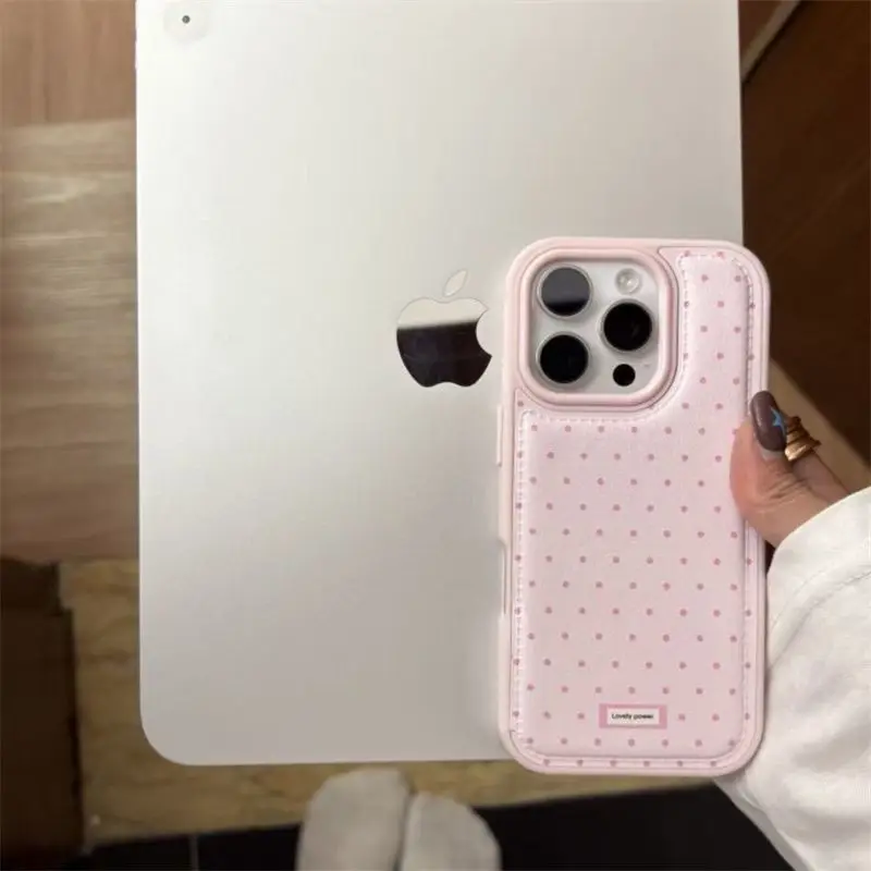 Ins Korean Trendy Cute Pink Polka Dots Pattern Leather Phone Case For iPhone 17 Air 16 15 14 13 12 11Pro Max Plus Y2K Back Cover