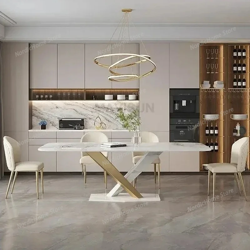 

Center Desk Table Rectangle Marble Desk Top Infinity Golden Finish 6 People Luxury Dining Table Mesa Multifunctional Furniture