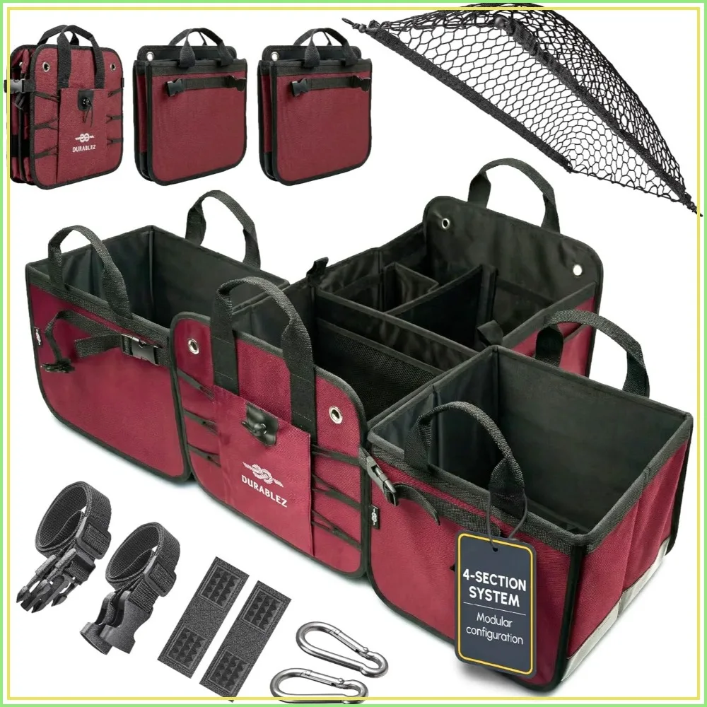 

Modular 4-Section Trunk Organizer for SUV, Truck, Van, Sedan – Extra Large Cargo Bin with Detachable Dividers, Collapsible