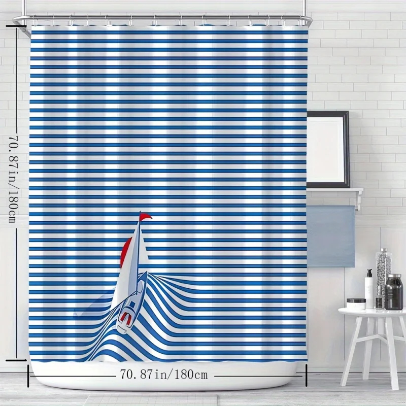 YWJHUI Nautical Shower Curtain with Hook, Stripe Sailboat Digital Print, Polyester, Water-Resistant, Machine Washable, Knit Weav