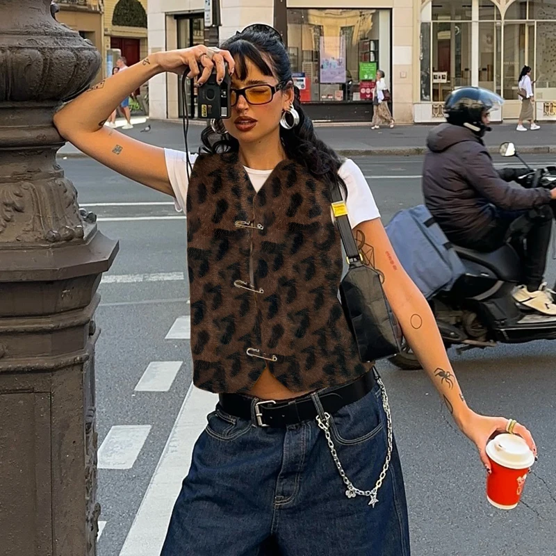 

CUTENOVA Women Leopard Print Vest Cardigan V Neck Single Row Of Buttons Sleeveless Casual Top Elegant Chic Streetwear Female