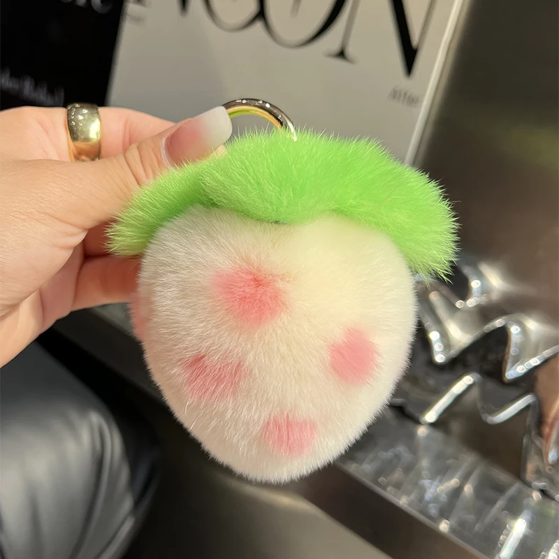 Plush Ball Real Rex Rabbit Fur Keychain Cute Cream Strawberry Soft Toy Women Handbag Pendnat Car Keyring Jewelry Ring Girl Gift