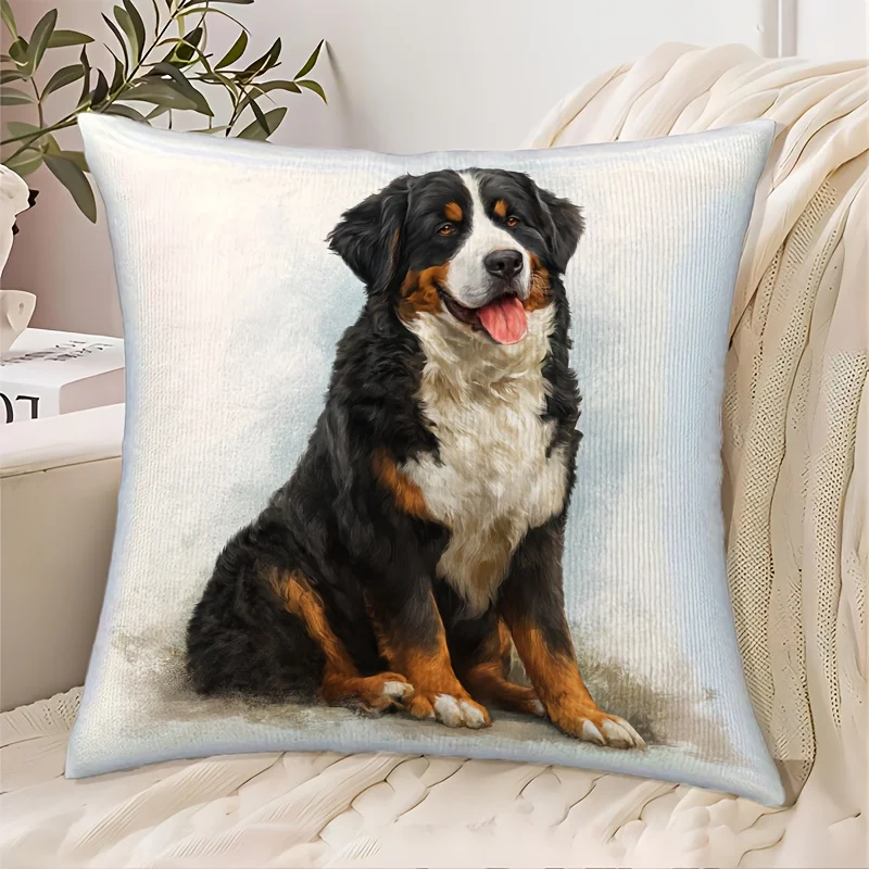 Bernese Mountain Dog Pillow Cover Single Sided Short Plush 18x18 Inch Hidden Zipper Washable Pet Lover Gift