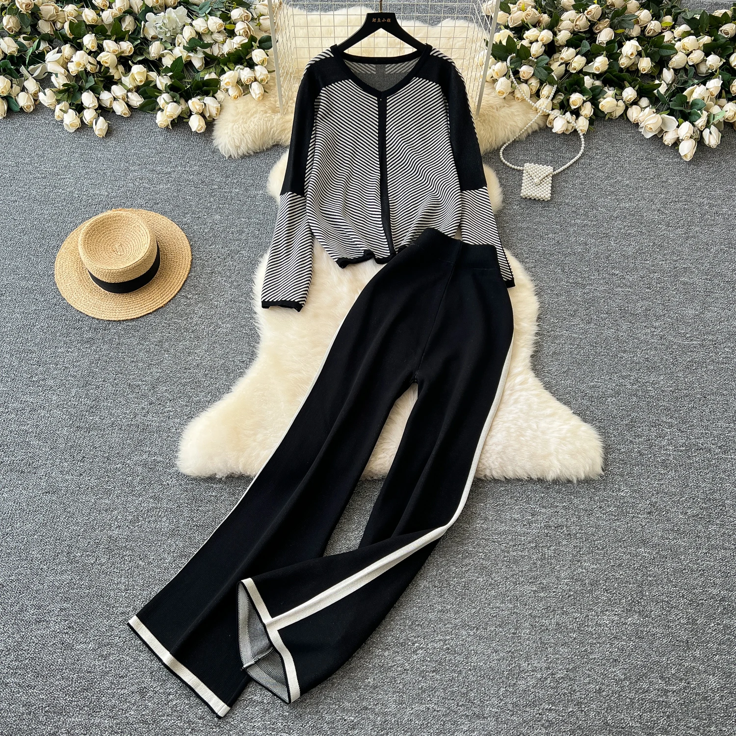 Women Knit Two Pieces Set Zipper Batwing Sleeve Knitted Cardigan + High Waist Long Pants Clothing Suits