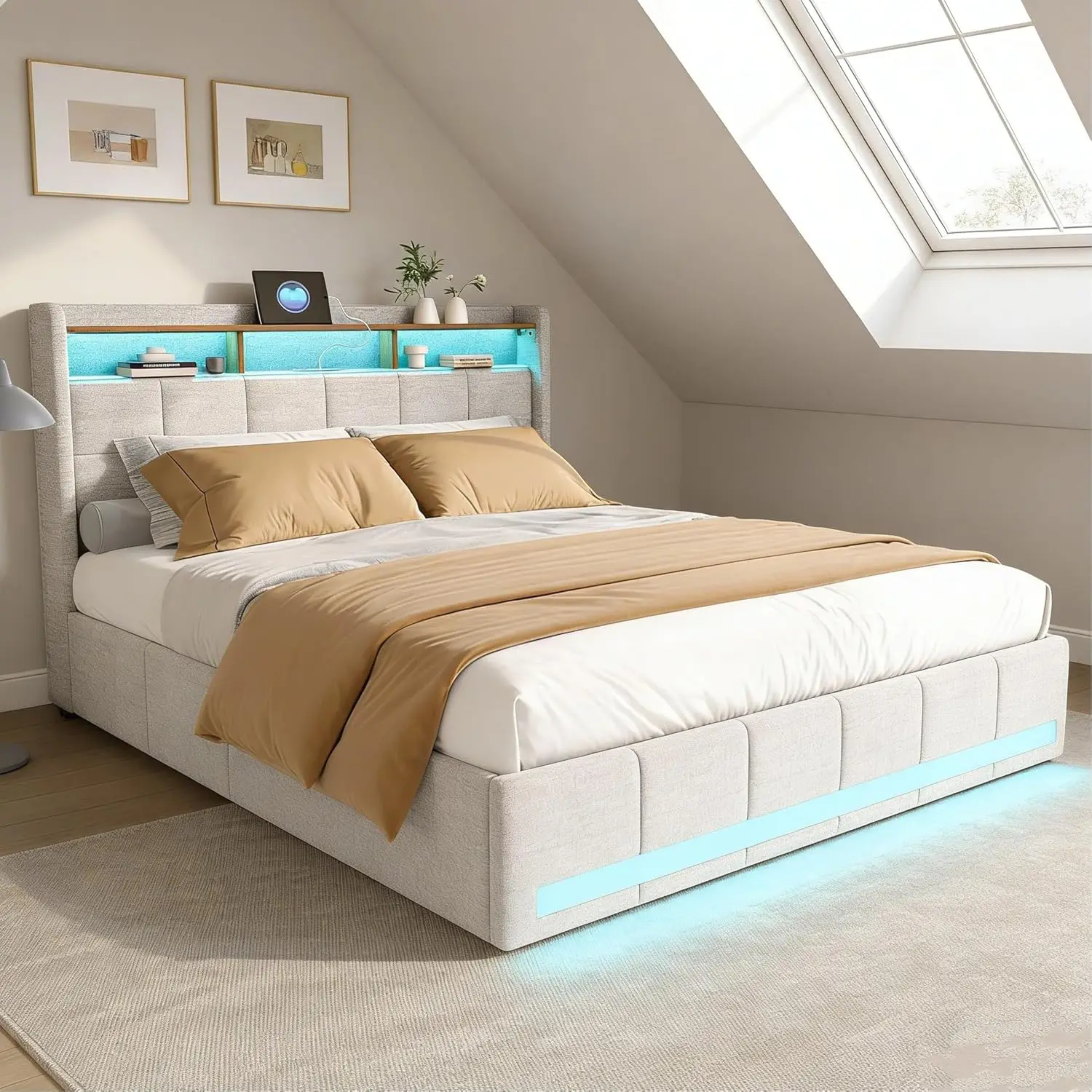 Rosahqnda Cama tapizada con cajones, 90/140/160/180x200 cm con espacio de almacenamiento, Cama doble con LED y USB, sin colchón