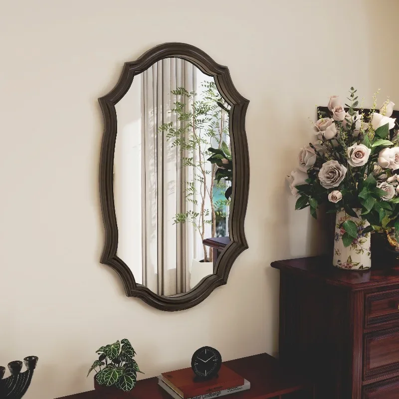 Solid wood frame large cosmetic mirror hotel bathroom wedding hall homestay antique black decorative half-body mirror advanced s