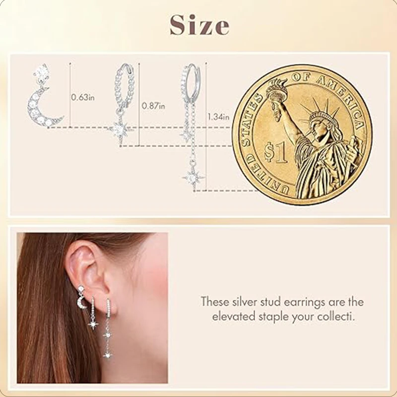 3/6Pcs Earrings Set for Women Girls 14K Gold Silver Plated Moon Star Parkling CZ Multiple Piercing Dainty Stud Hoop Earrings