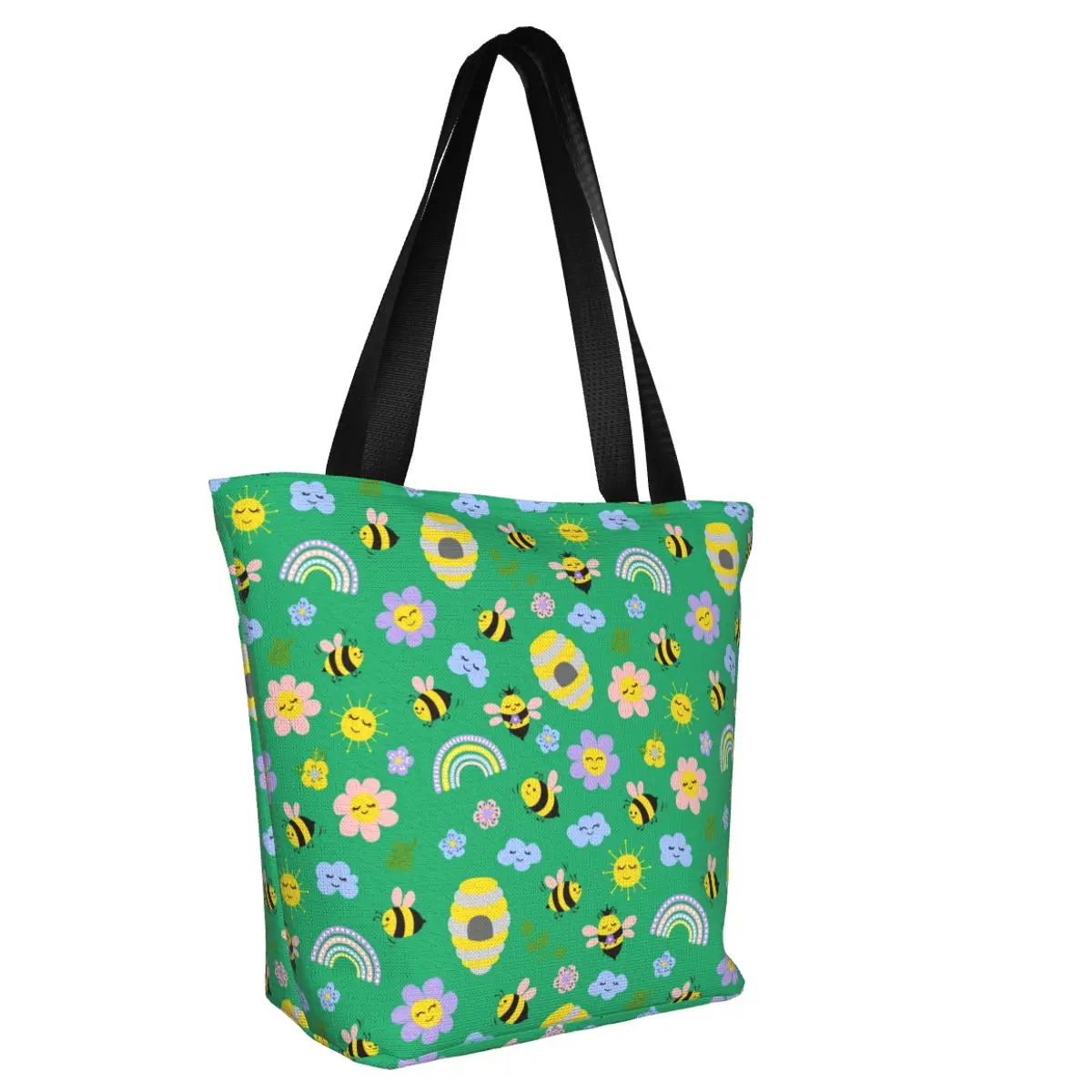 Custom Funny Cute Bees Flowers Shopping Tote Bags Recycling Canvas Groceries Shopper Shoulder Bag
