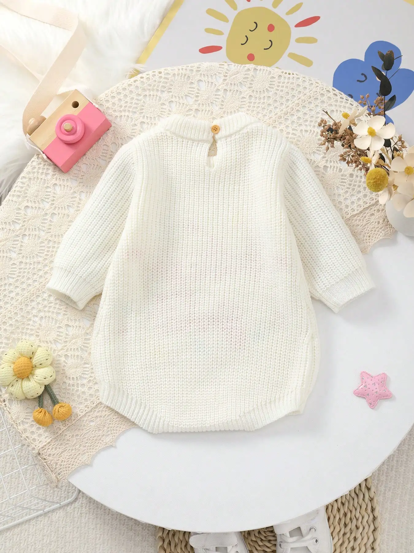Sweet Knitted Sweater for Baby Girls with Dopamine Elements and Letter Embroidery, Long-Sleeve Romper Bodysuit