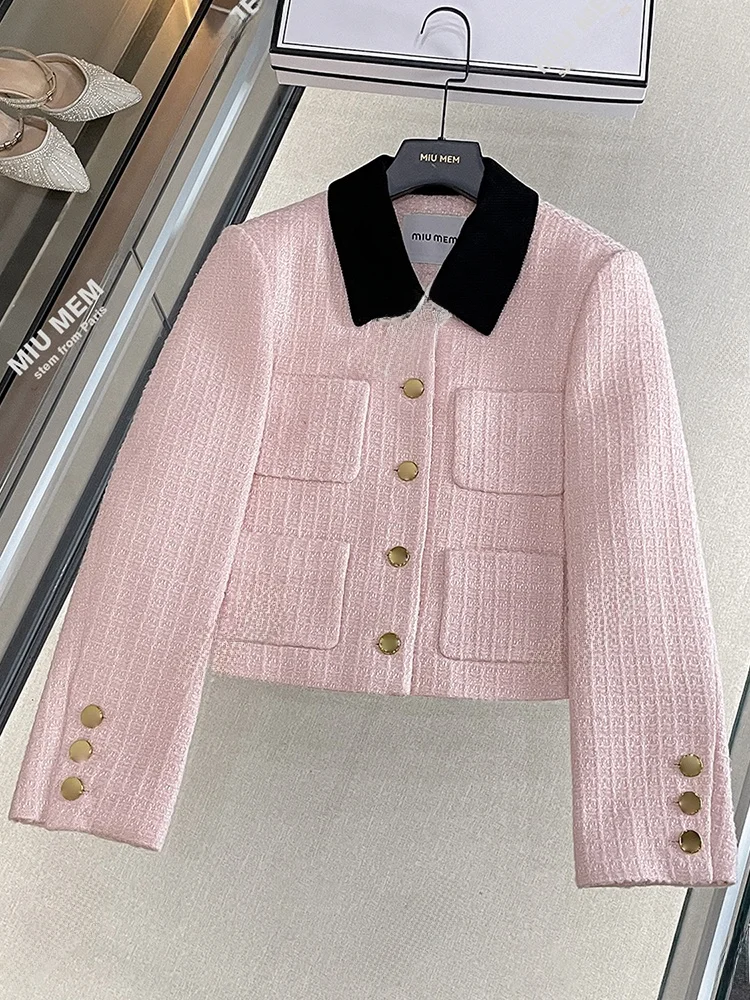 Miumem Premium dames winterfaion omgedraaide kraag roze tweed open vest jas ort bovenkleding losse pasvorm knopontwerp