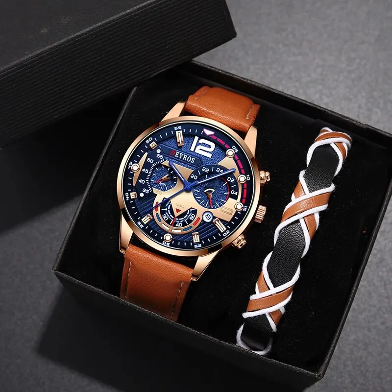 2PCS Set Fashion Mens Calendar Watches Luxury Male Business Casual Brown Leather Quartz Watch Men Bracelet Wrist Watch