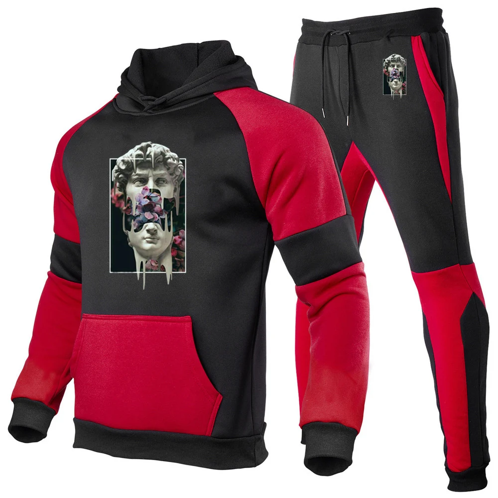 Sculpture And Flower Spring Autumn Men Tracksuits Sets Long Sleeve Hoodie+Jogging Trousers 2 Piece Fitness Running Suits