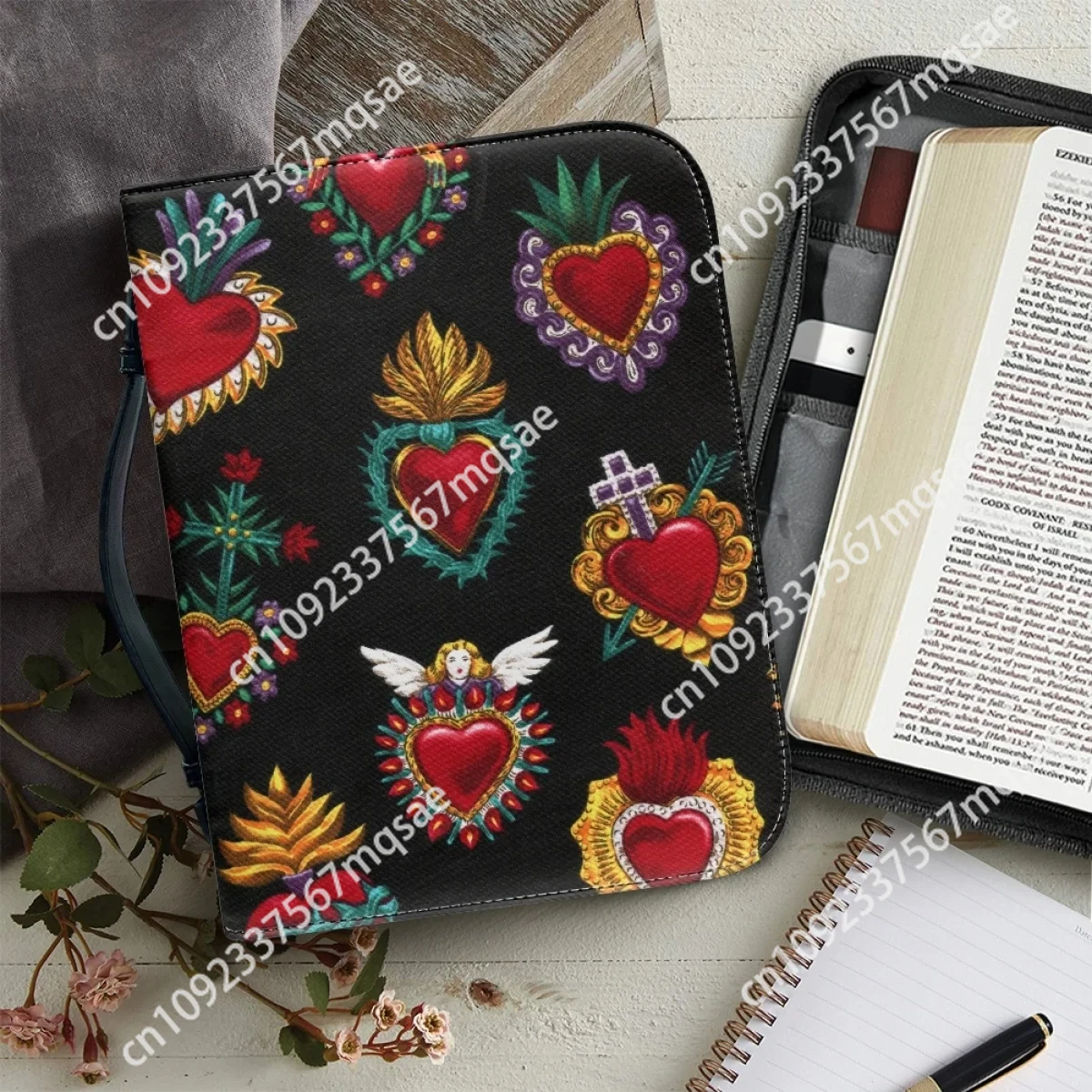 

God's Love Print Bible Storage Bags for Women PU Leather Handbag Portable Bible Cover Case Zippered Handle Church Bible Holy Bag