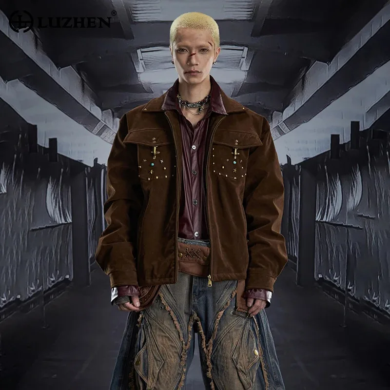 

LUZHEN 2025 New Fashion Rivet Metal Patchwork Handsome Casual Jacket Men High Quality Solid Color Leather Padded Clothes JY5366