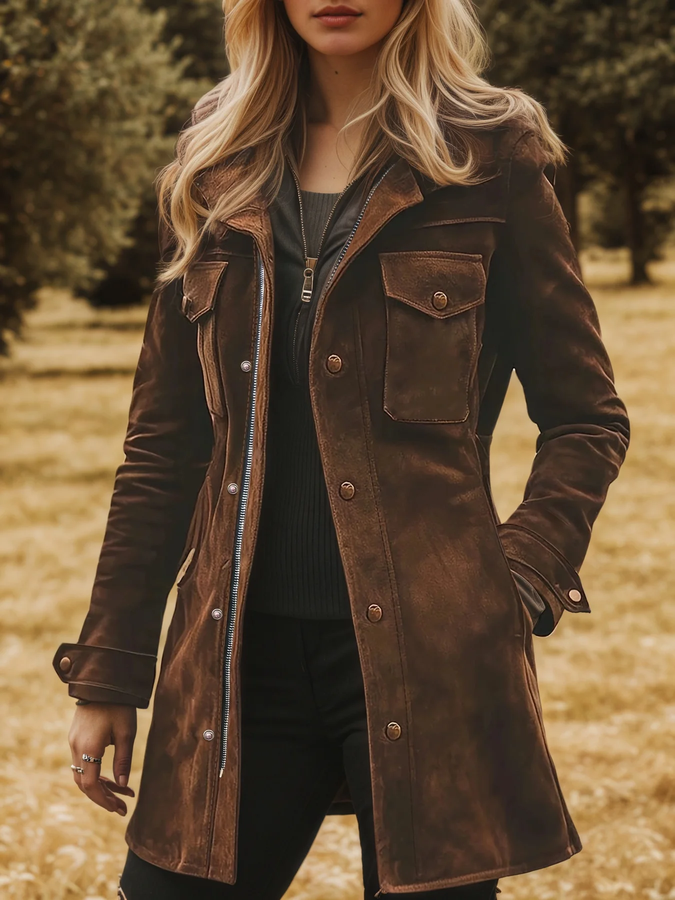 Autumn Winter New Women Vintage Suede Turtleneck Casual Jacket Versatile Female Elegant Mid-Length Coat