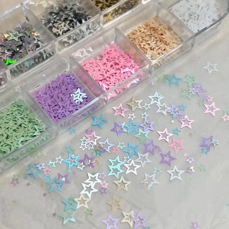 New 1 Set 12 Grids Hollow Star Nail Art Glitter Sequins Multiple Colors Individual Compartments For DIY And Salon Nail Art Use