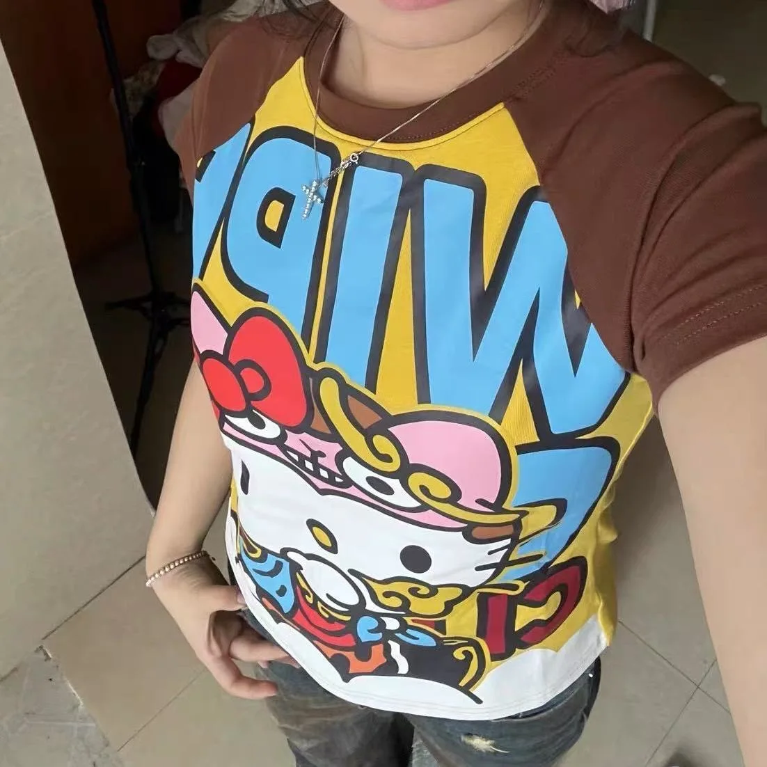 

Sanrio Hello Kitty New Anime Fashion Short Tops Y2k Summer Cute Tees Cartoon Printed High Street Gothic Short Sleeve T-shirts