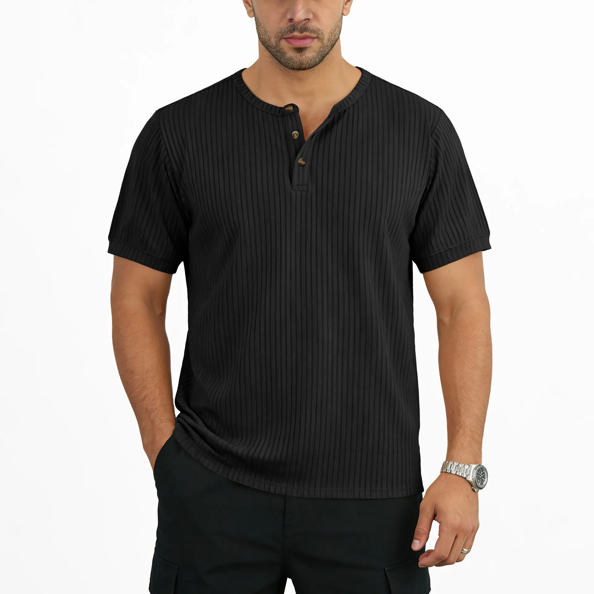 Casual T Shirt Ribbed Slim Fit Shirt Beige Black Navy Button Front Solid Color Short Sleeve Round Neck Pink White