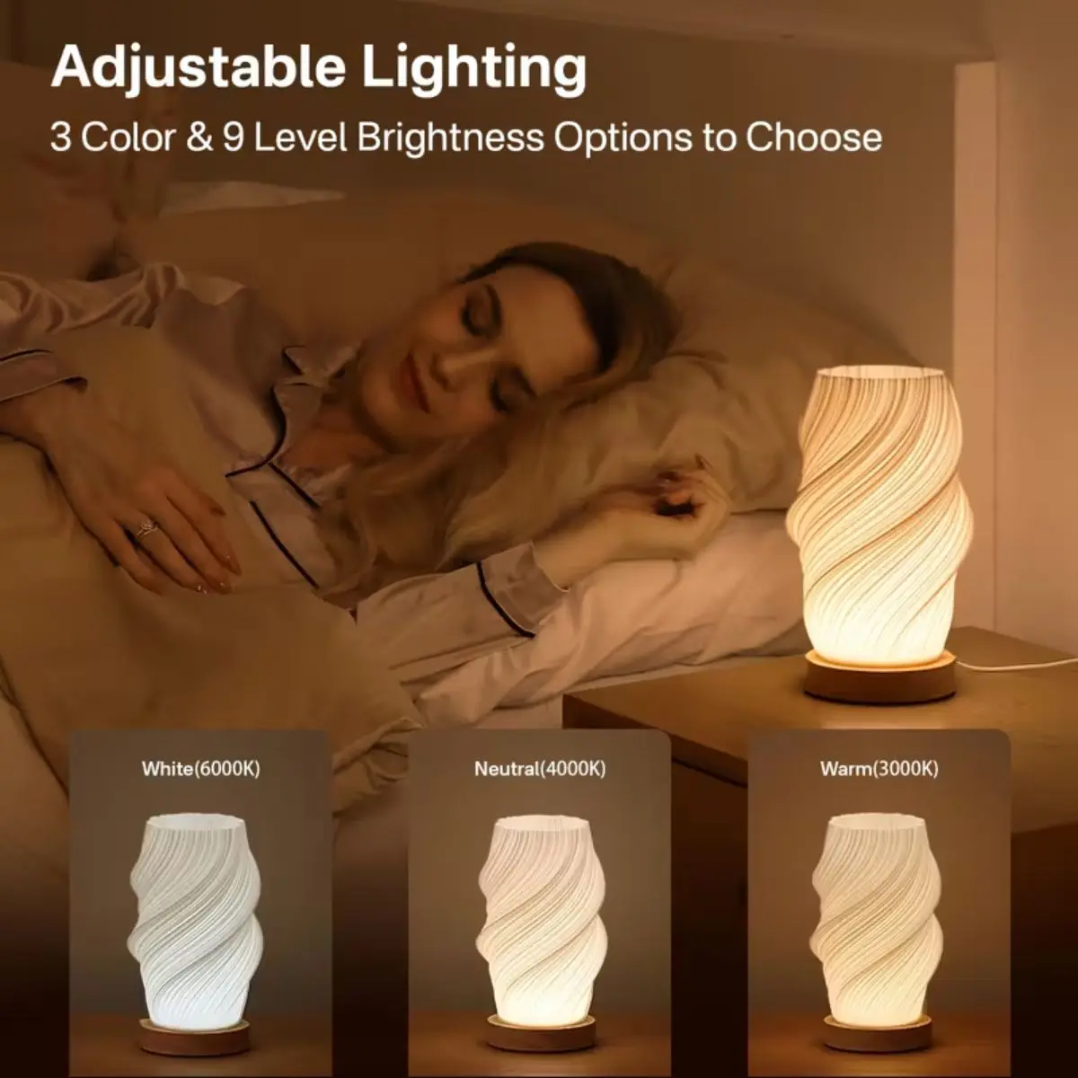 1pc USB Cream Style Wooden Base 3D Desk Lamp, Adjustable Bedside Ambient Light, Used for Living Room/Dining Room Decoration