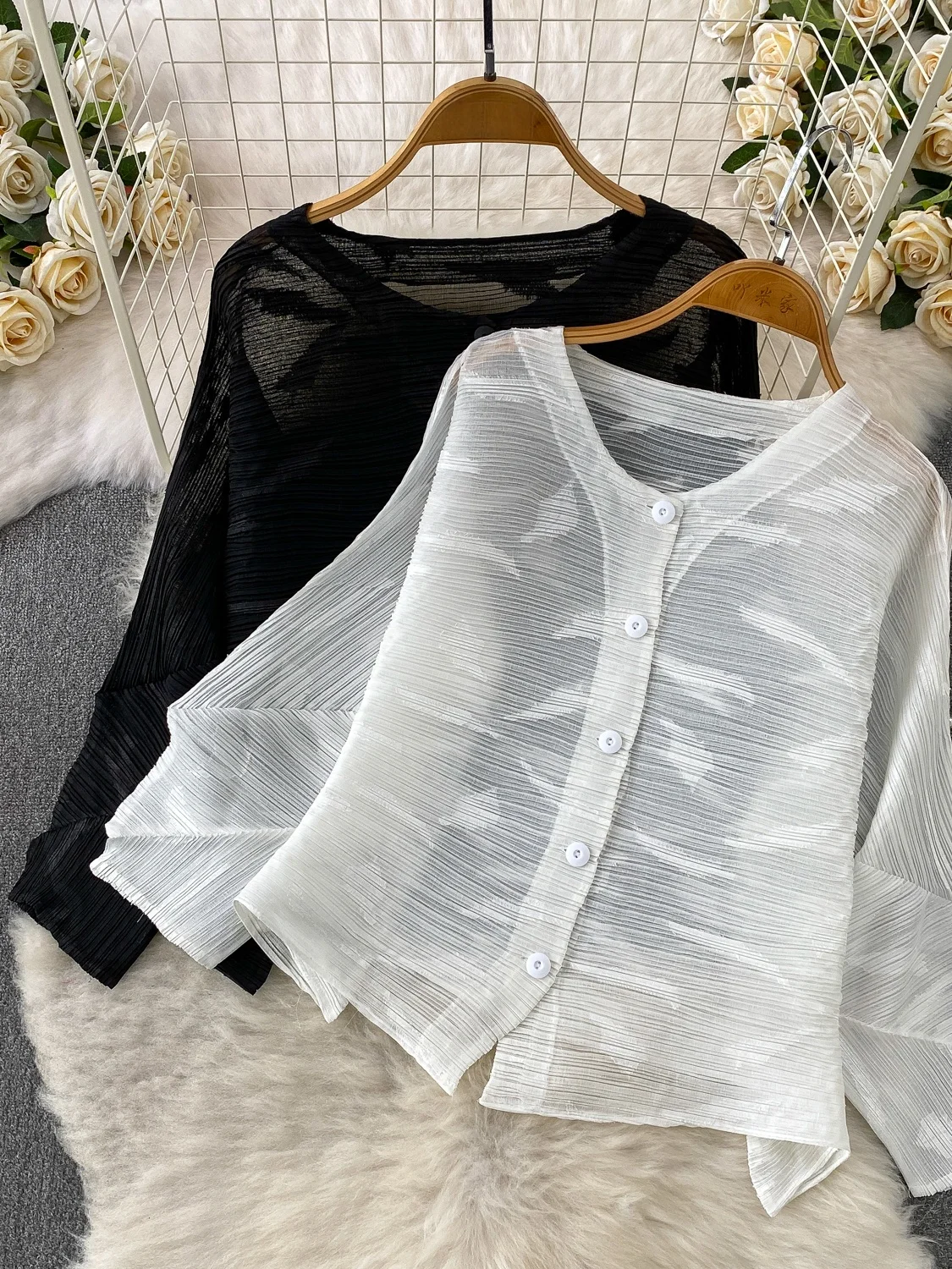 

Retro Elastic Pleated Long Sleeve Women's Outerwear Loose Slimming Open Cardigan Fashionable Summer Shirt Korean Style