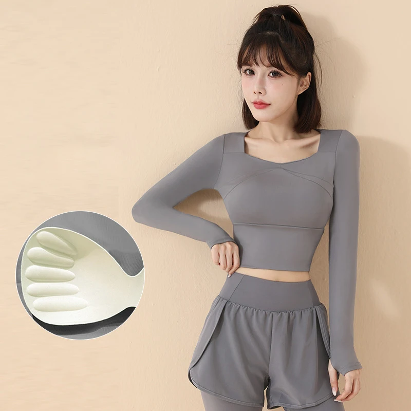 

Women's Yoga Tops New Style With Chest Pads Fitness Clothes Long Sleeve Pilates Training Short Running Sportswear