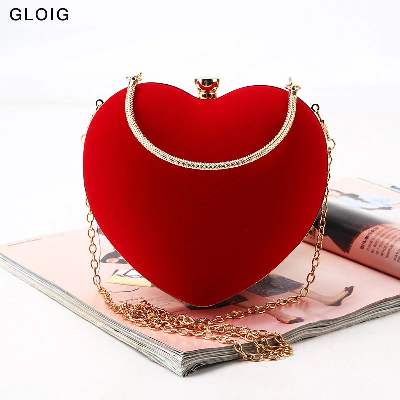 Red Heart Design Women Clutch Small Diamonds Golden Velvet Evening Bags Party Wedding Handbags Purse For Female