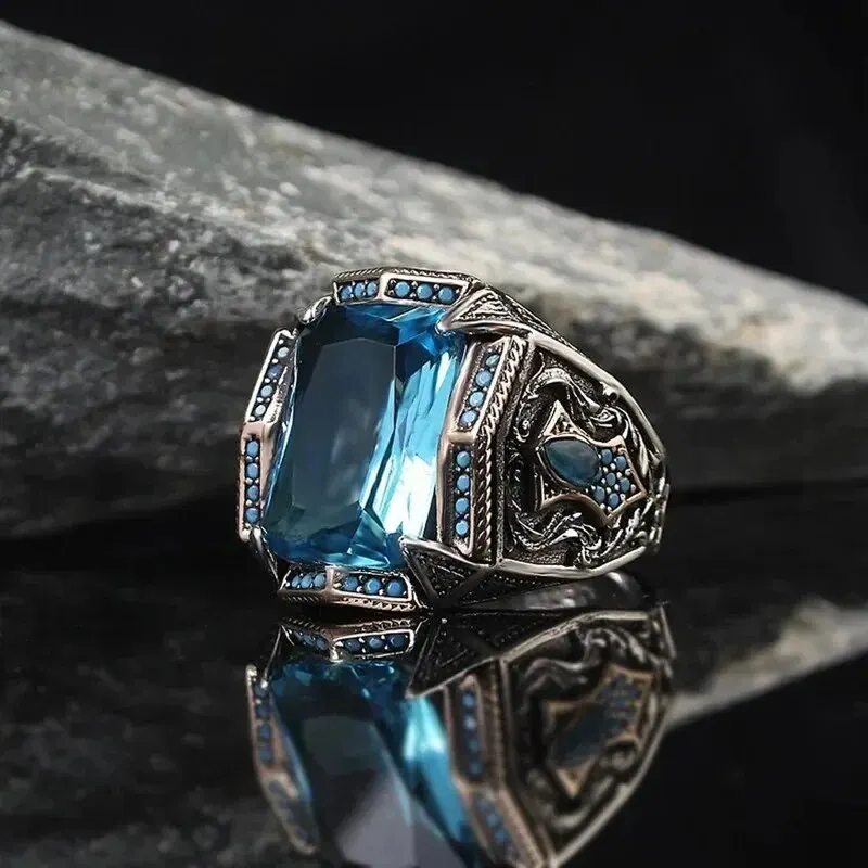 Vintage Handmade Turkish Signet Ring For Men Women Ancient Silver Color Carved Ring Red Yellow Zircon Inlay Punk Motor Biker image 4