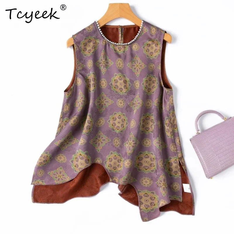 Tcyeek 100% Real Mulberry Silk Tanks Top 2026 Summer Classical High-end Wave-shaped Hemmed Vests Ladies Clothing Ropa Para Mujer