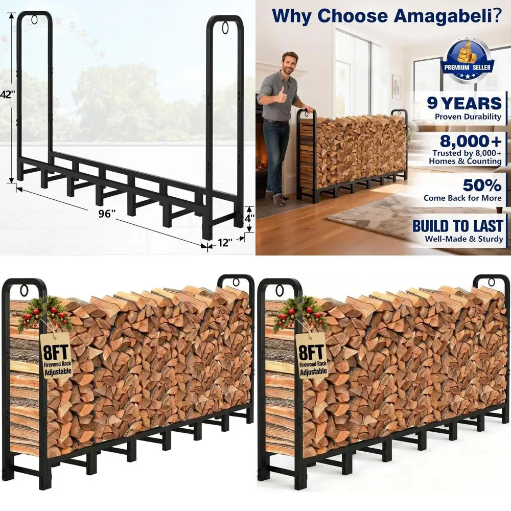 

Outdoor Heavy-Duty Log Rack for Wood Storage and Stacking, Adjustable Metal Holder in Black