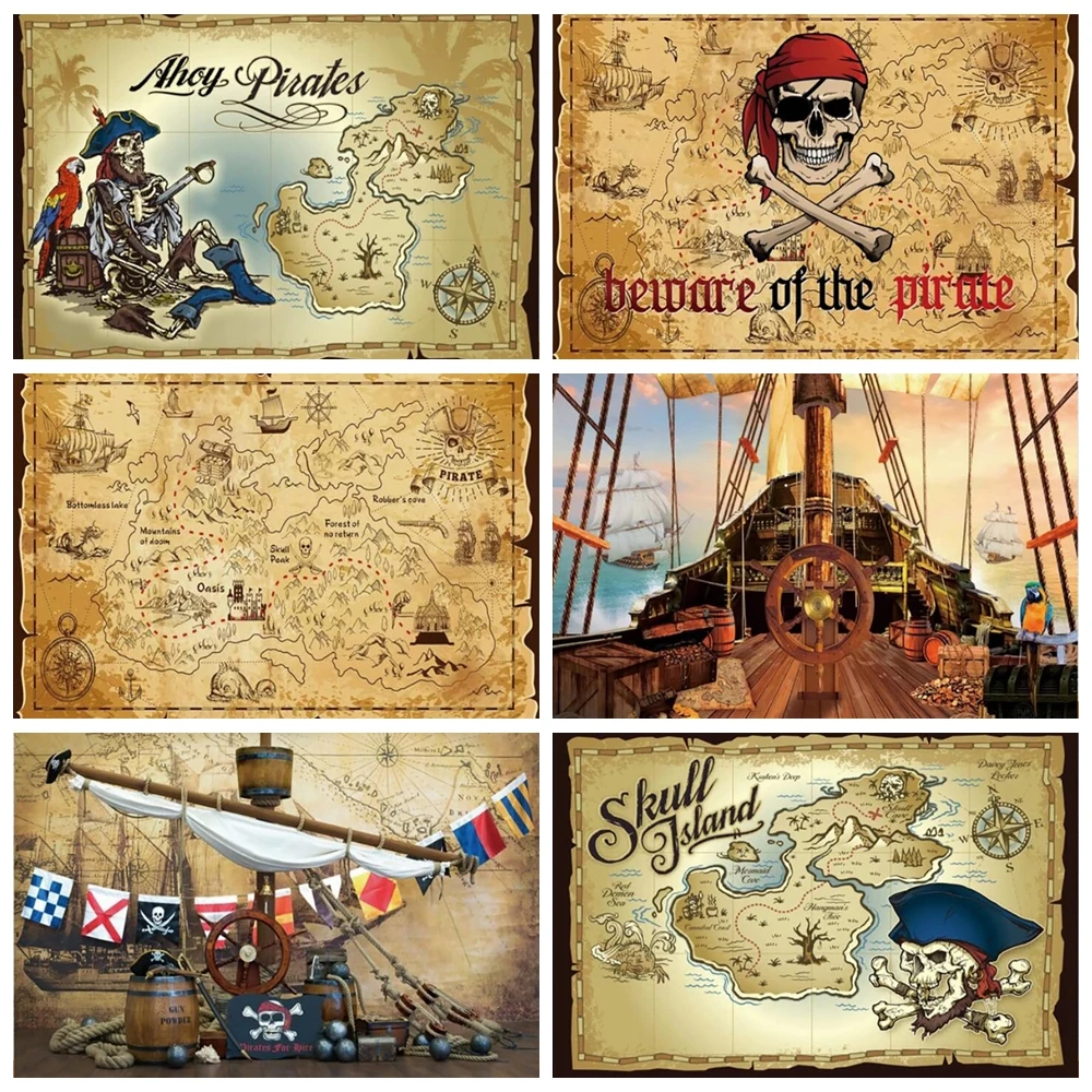 Pirate Ship Background Boy Birthday Photography Background Skull Wheel Treasure Map Baby Photography Studio Decoration Props