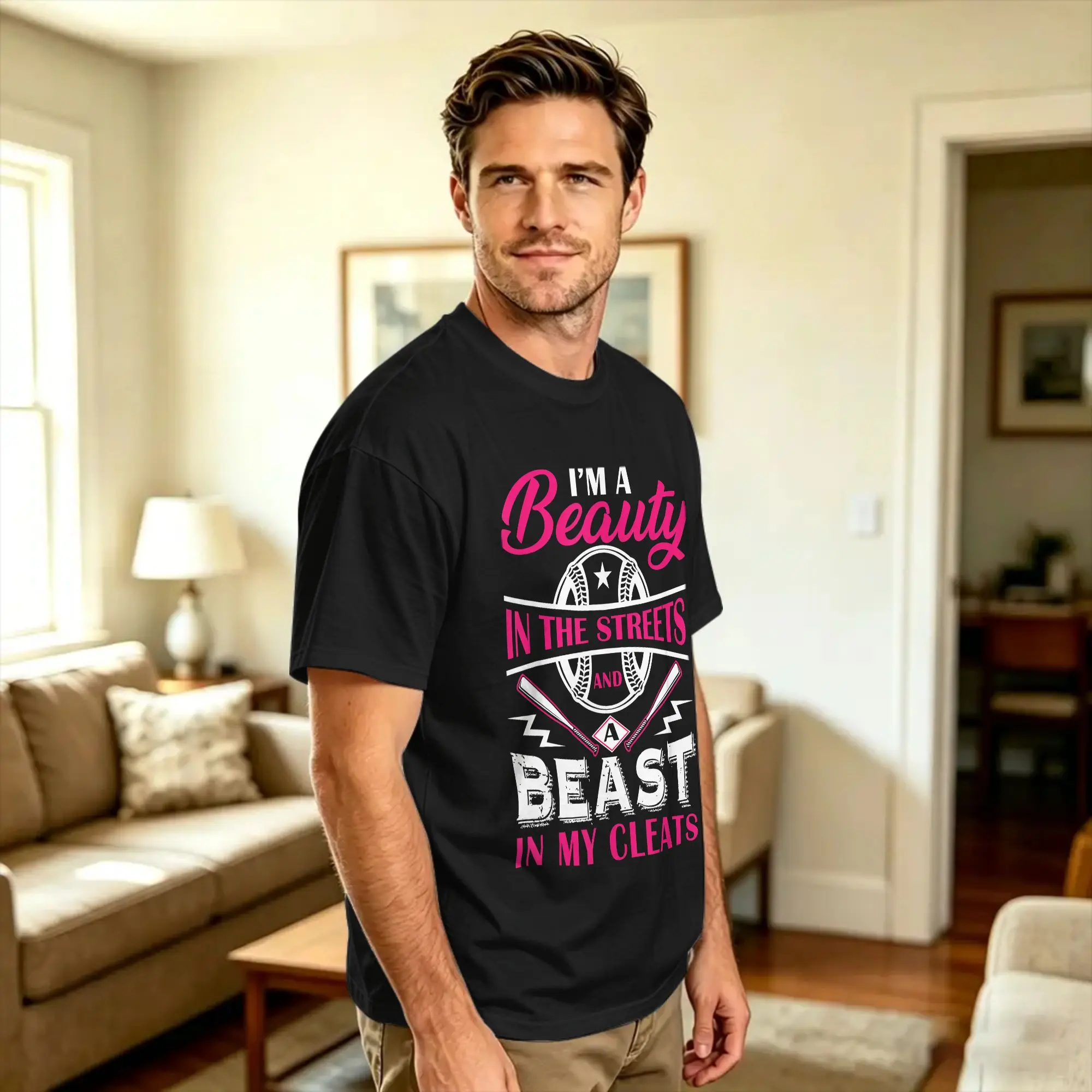 Men's FUNNY Beauty in the streets Beast in my cleats Softball T Shirts  Pure Cotton Tees Summer Streetwear Short Sleeve T-Shirt