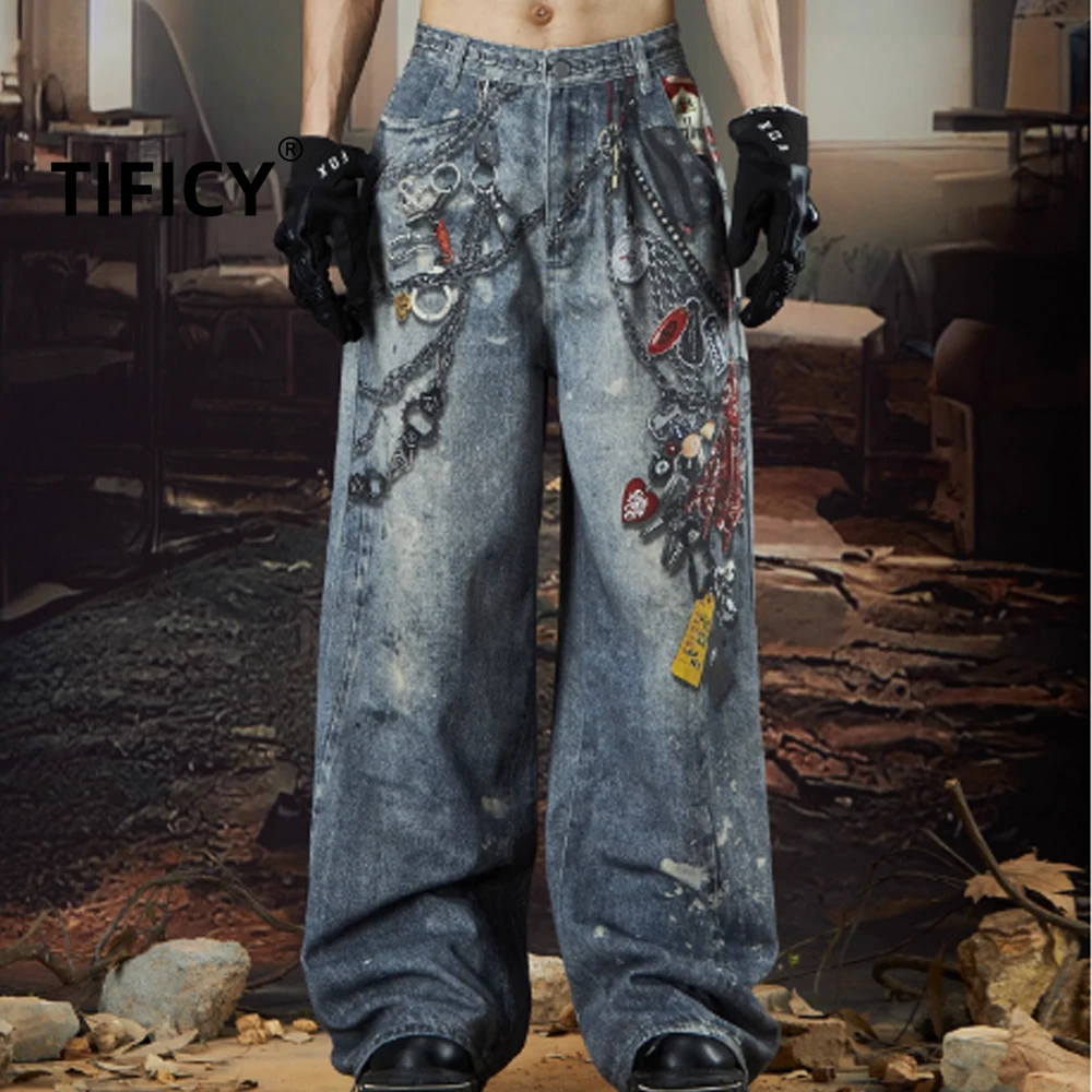 

High Street Jeans Pants Men's Multi Chain Digital Printing Washing Water To Make Old Loose Straight Tube Printed Denim Pant