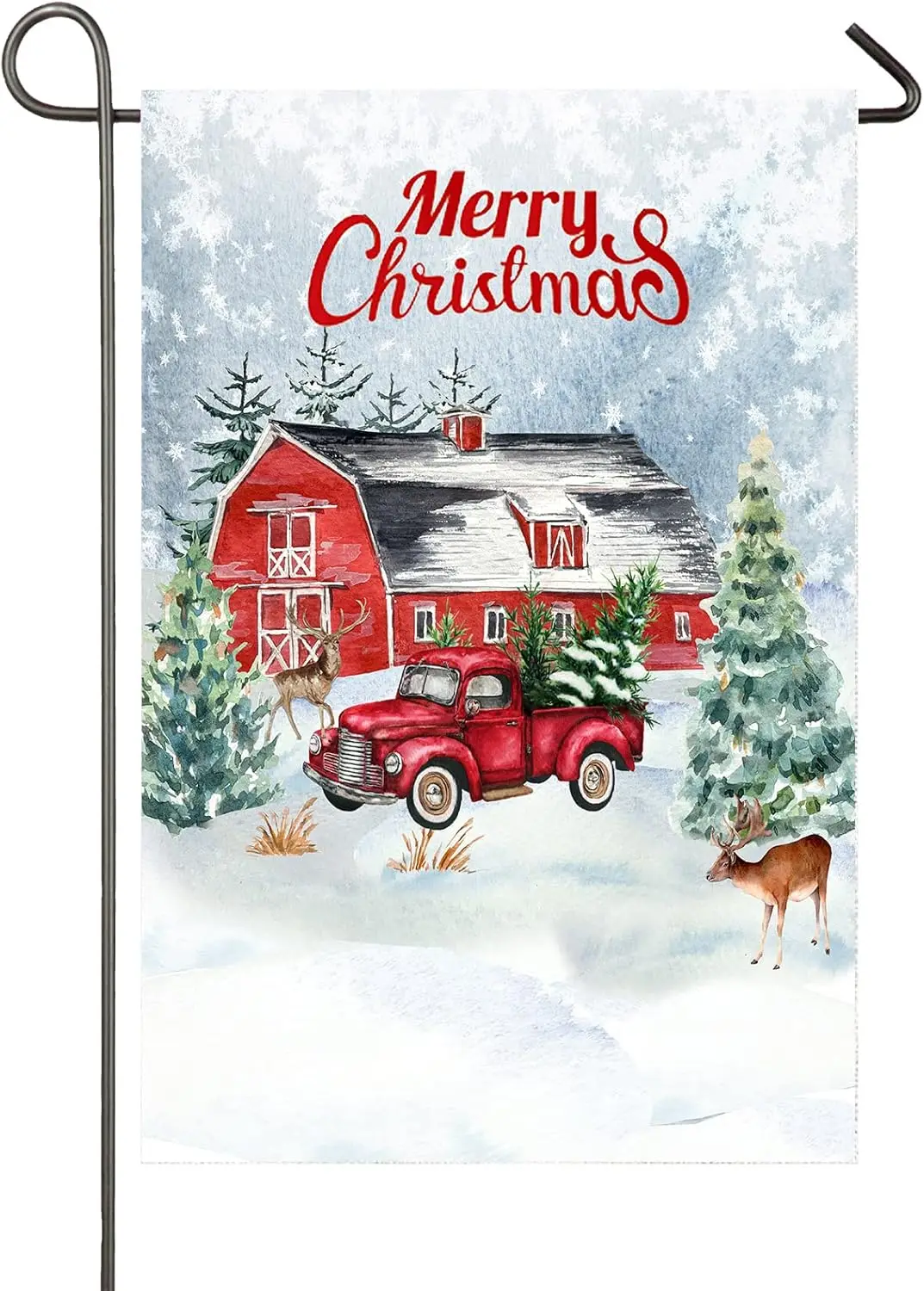 Merry Christmas Garden Flag Red Truck Barn Farm 12 x 18 Inch Double Sided Winter Snow Vintage Pickup Christmas Tree Deer Elk Hou