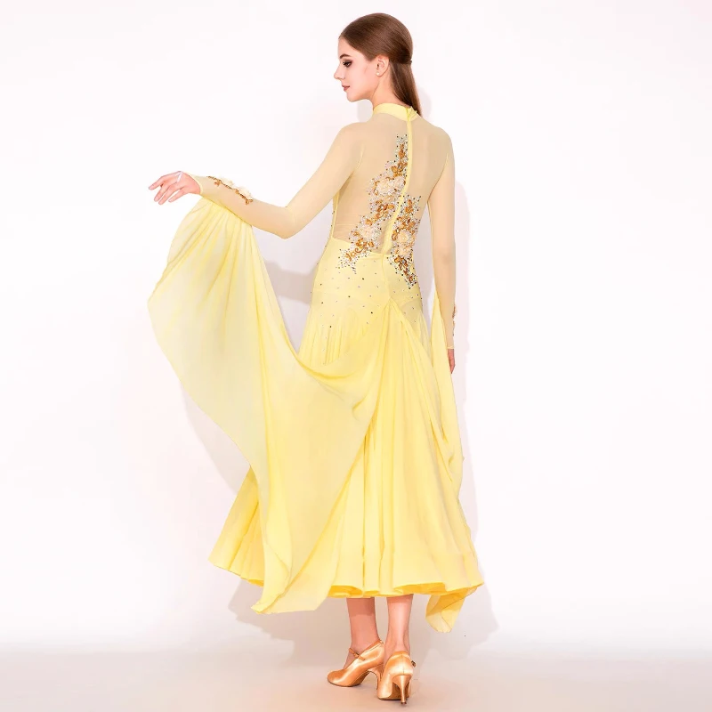 فساتين قاعة الرقص القياسية للنساء تصميم جديد أصفر حديث الفالس المنافسة الرقص تنورة الكبار أنيقة فستان رقص قاعة الرقص #2