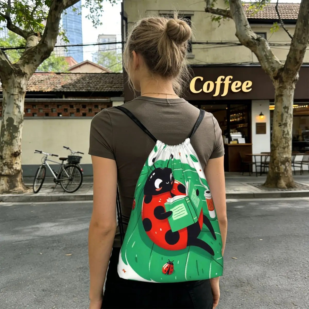Cartoon Ladybug Lying On The Leaf Boat Backpacks Portable Drawstring Bundle Pocket Sports Bag Book Bags for Travel School