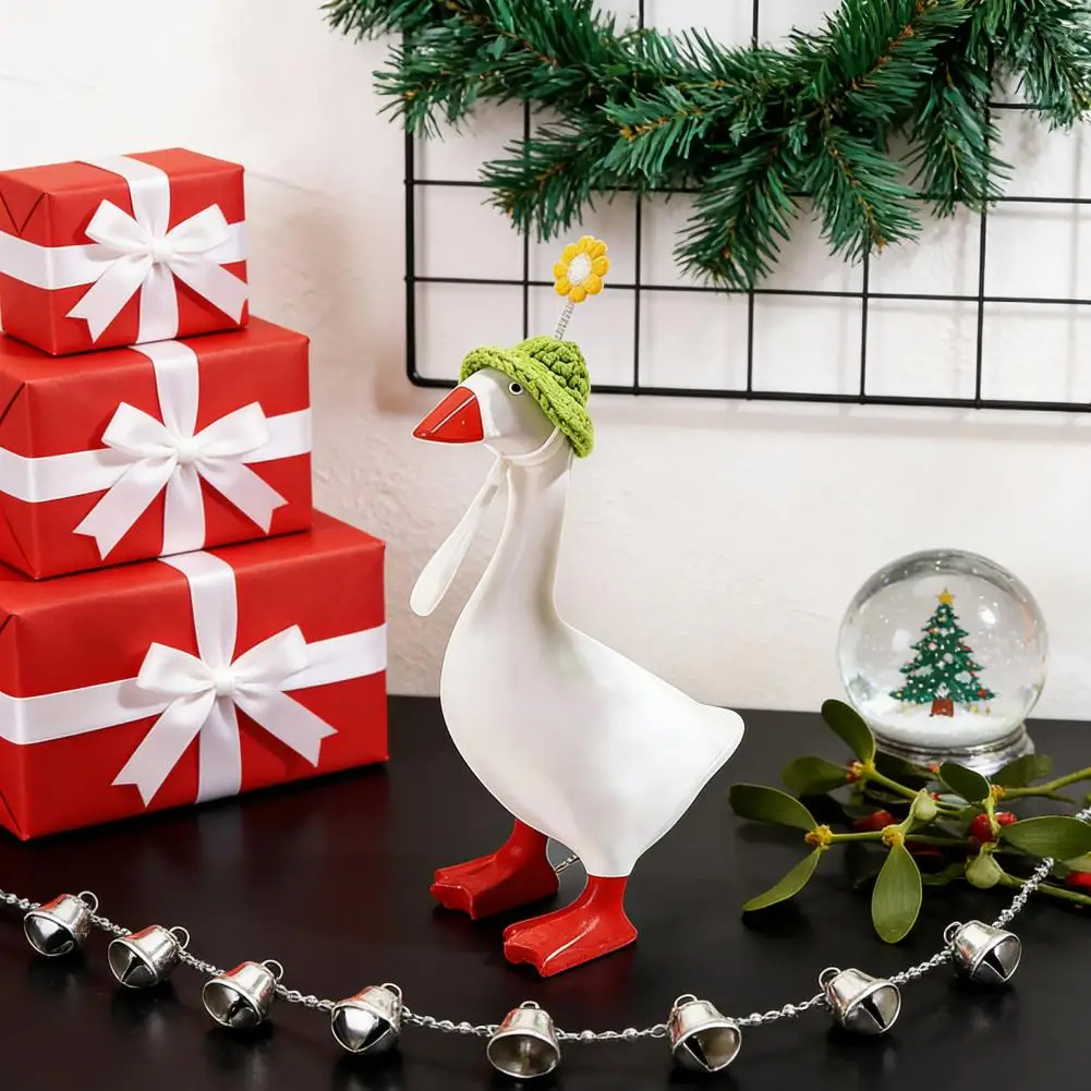 Goose Statue Outfit 6/8pcs Mini Goose Statue with Knitted Hat Adjustable Strap Crochet Cap Desktop Decoration for Christmas
