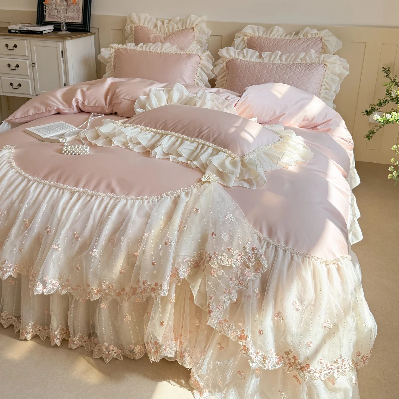 Master Bedroom Princess Style Cotton Bed Cover Four Piece Set French Romantic Lace Duvet Cover Thickened Cotton Bed Sheet