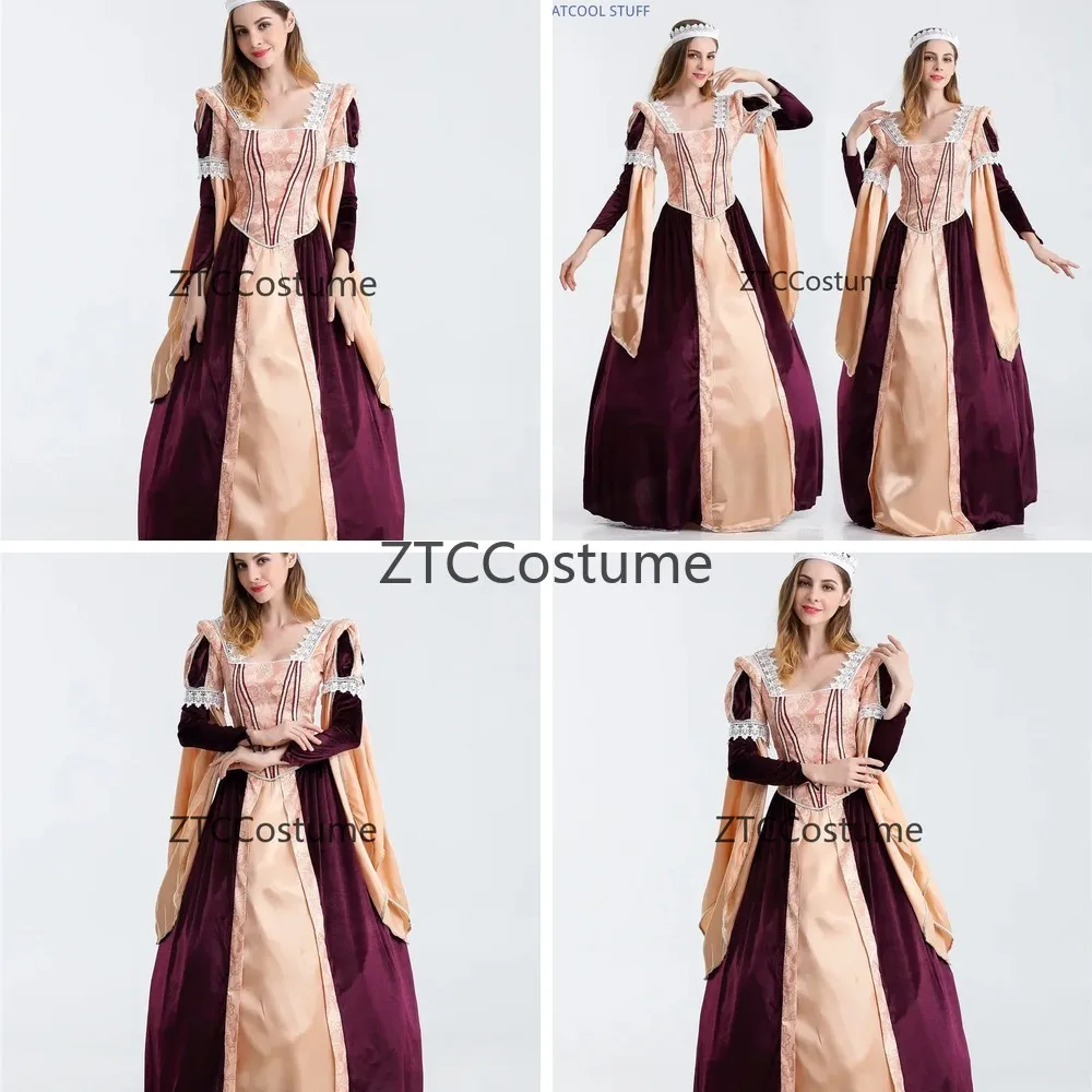Cosplay Queen Costume Renaissance Medieval Victorian Princess Dress Royal Gown Crown Set for Halloween Party