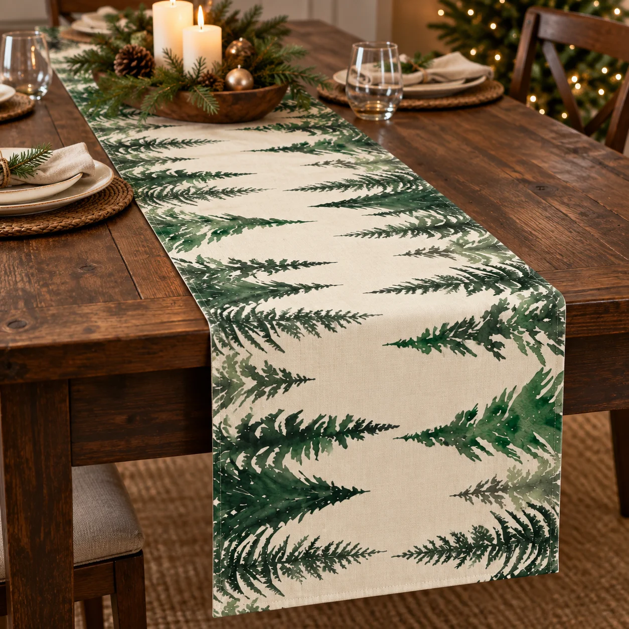 Linen Christmas Table Runner 1pc, Pine Tree Pattern, Farmhouse Winter Decor, Indoor Outdoor Table Decoration for Kitchen