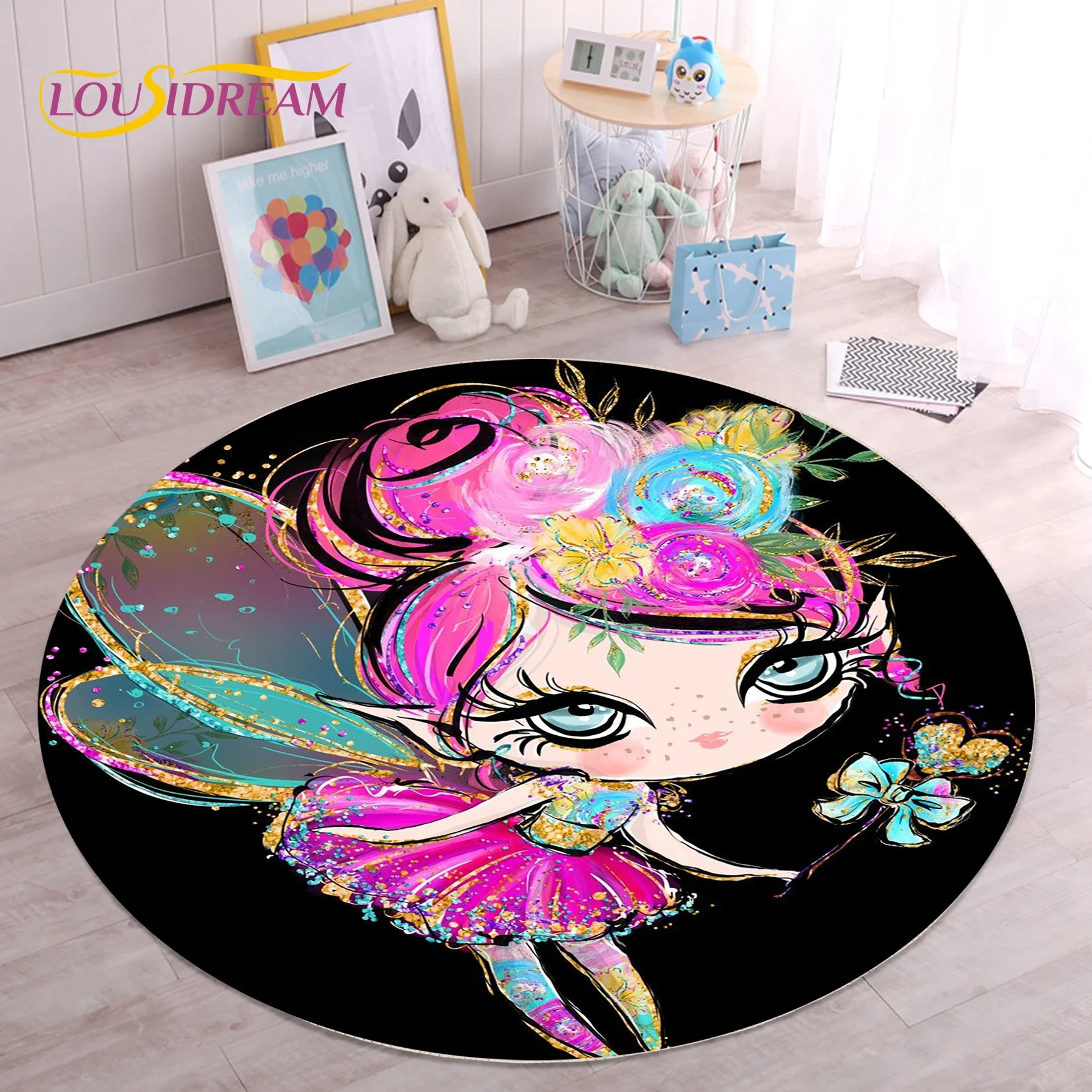 Ballet Girl Ballerina Fairy Unicorn Cartoon Round Carpet Rug for Bedroom Living Room Sofa Decoration,Child Game Decor Floor Mat