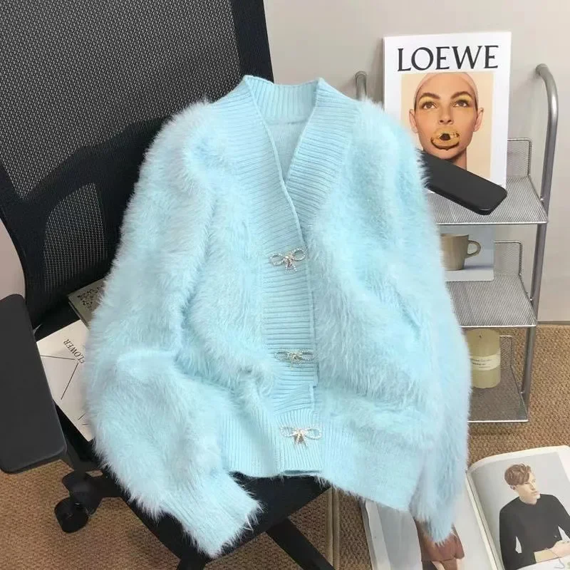 

Korean Plush Soft Slim Sweater Short Coats Spring Fall Casual Knitewear Vest Tops New Bow Button Knitted Cropped Cardigan 리본 가디건