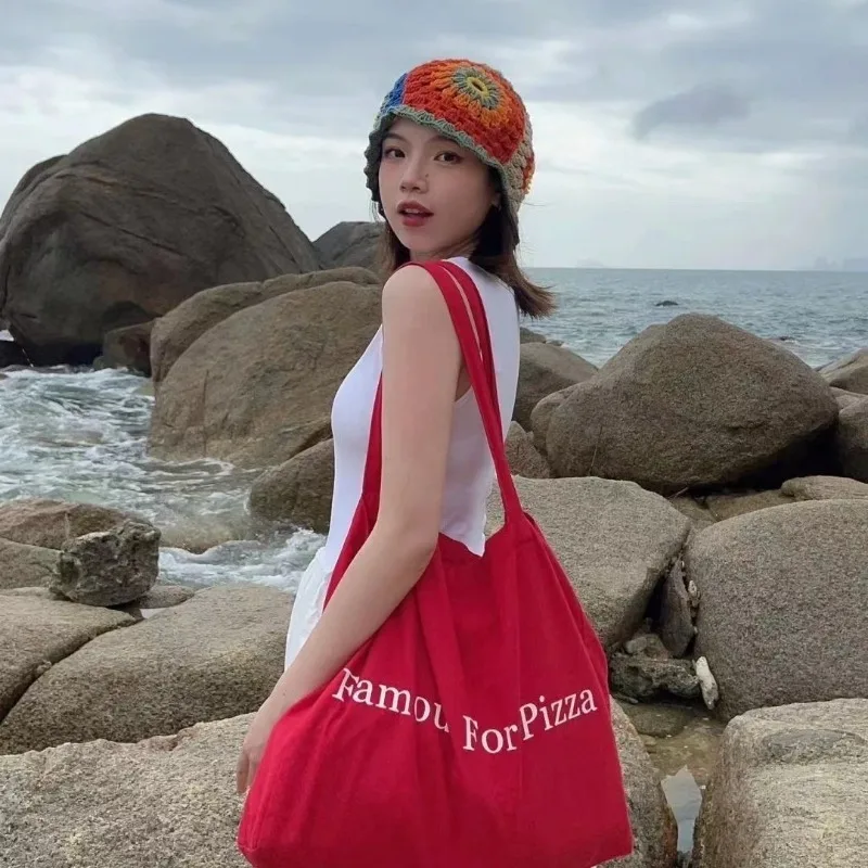 

Large Capacity Red Canvas Tote Bag Fashionable and Casual Student Niche Commuting Book Shoulder Bag Shopping Bag Crossbody Bag