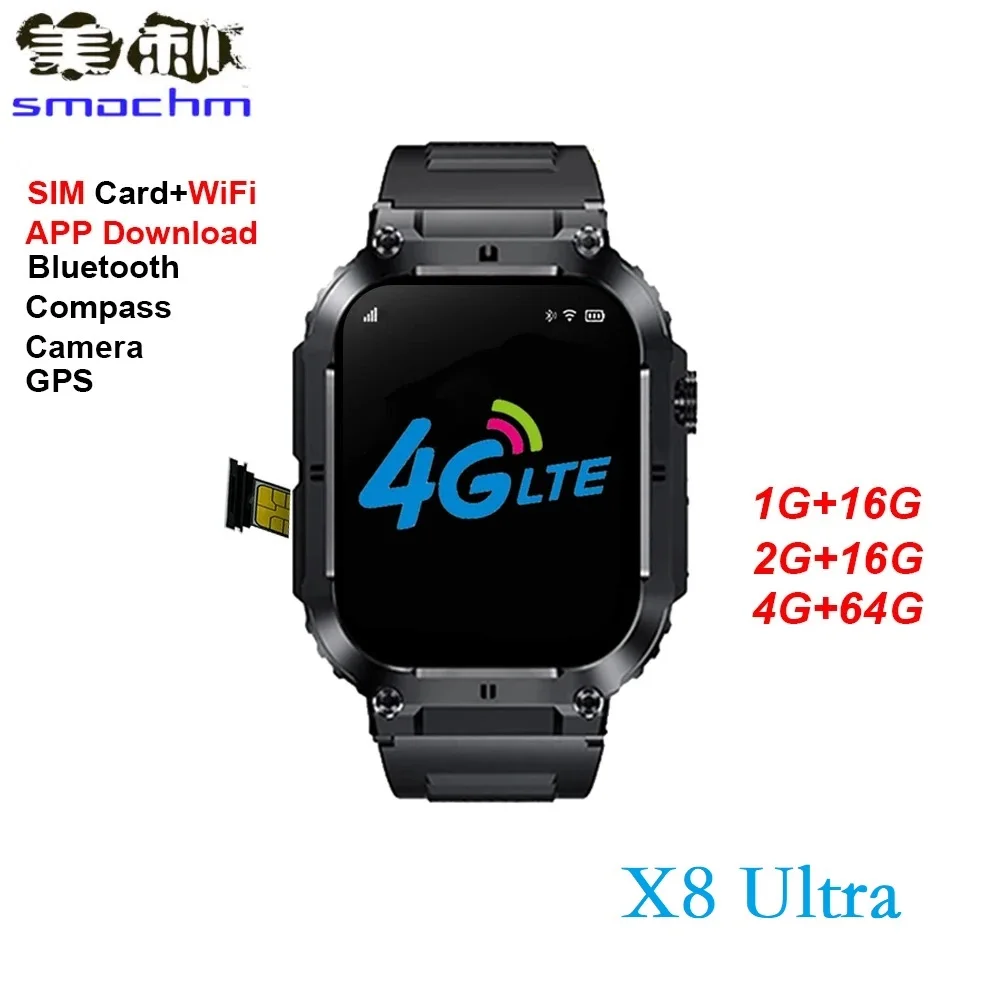 

Smochm X8 4G Android Smart Watch SIM Card 49mm Smartwatch for Men Women 16G 64G Storage WIFI GPS Map Video Calling APP Download